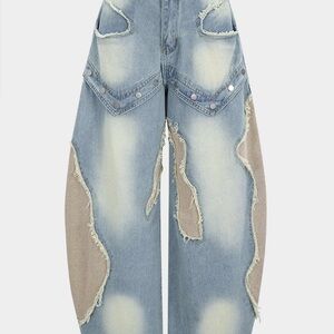 Wide Leg Two-Tone Distressed Jeans in Light Blue and Beige